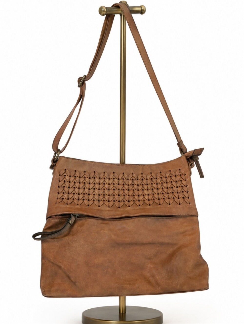 Cato's Brown Leather Shoulder Bag With Paisley interior.